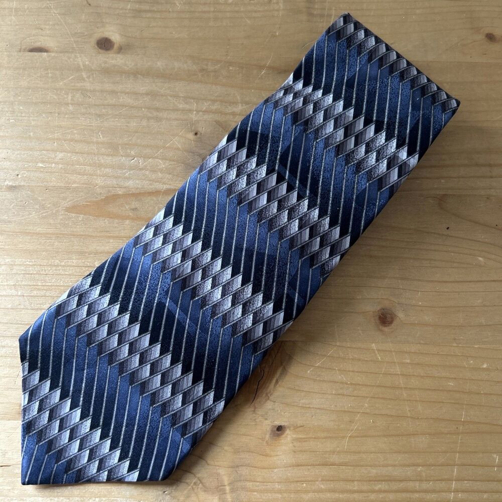 Murano Italia Tie Blue-Grey-Black Geometric Silk Necktie Made  in USA  59" x 4"